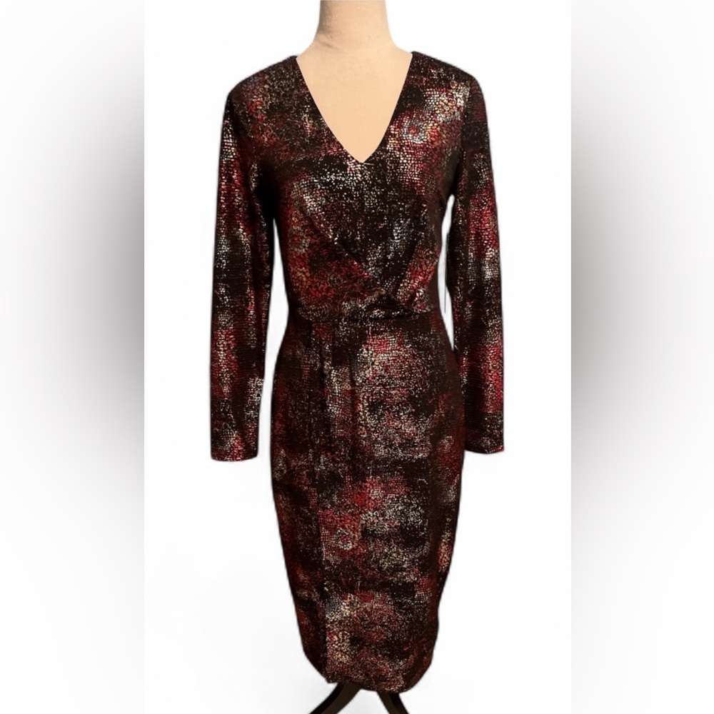 Christian Soriano Stunning Metallic V-neck Midi Dress Black/Multicolor NEW MED